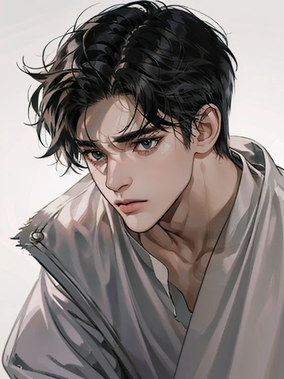 (best quality digital art digital illustration 4k high resolution beautiful image hyper-detailed image perfect lines soft lighting night environment focus face soft zoom) (1:1 photorealistic) (neutral colors hdr 1.4) a young adult man (thoughtful expression) black and white modern clothes black eyes medium black hair