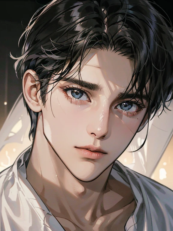 (best quality digital art digital illustration 4k high resolution beautiful image hyper-detailed image perfect lines soft lighting night environment focus face soft zoom) (1:1 photorealistic) (neutral colors hdr 1.4) a young adult man (thoughtful expression) black and white modern clothes black eyes medium black hair