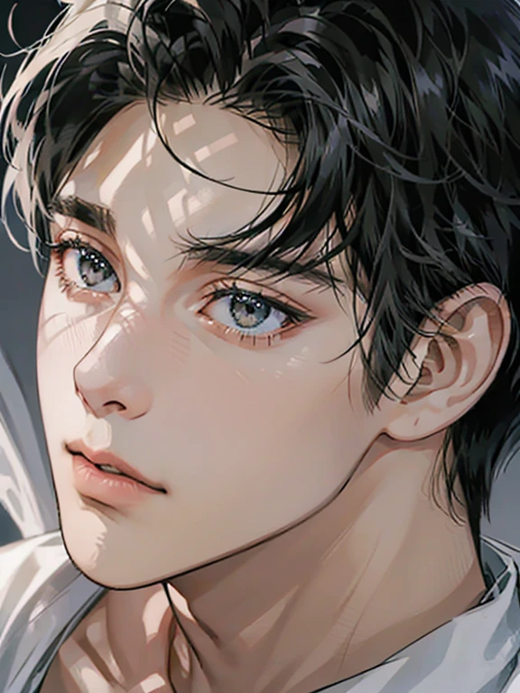 (best quality digital art digital illustration 4k high resolution beautiful image hyper-detailed image perfect lines soft lighting night environment focus face soft zoom) (1:1 photorealistic) (neutral colors hdr 1.4) a young adult man (thoughtful expression) black and white modern clothes black eyes medium black hair