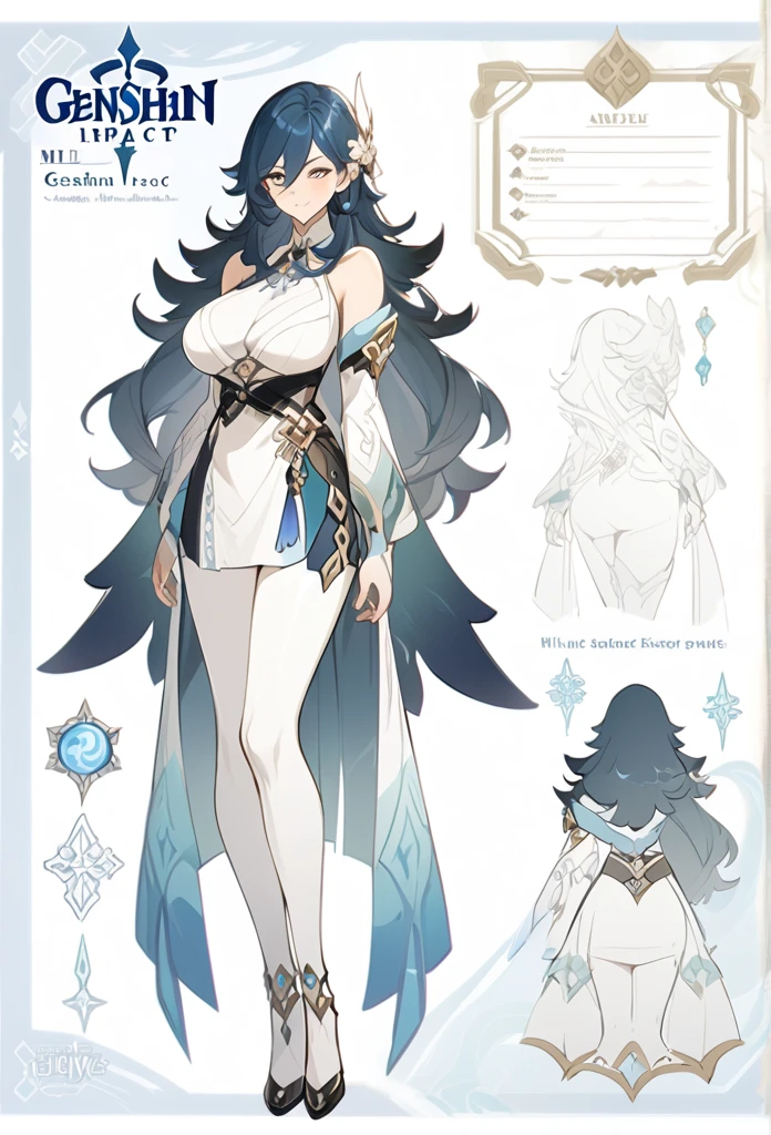 Genshin impact, genshin impact outfit, large breast, standing, character sheet, white backgound, bare shoulders, fur mantle, long hair, 
slender legs, milf, adult, 