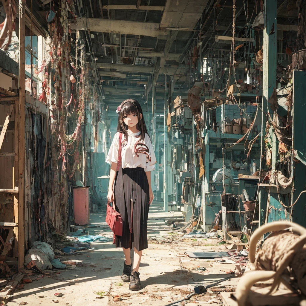 Girl captured by tentacles in abandoned factory　Tentacles in a skirt　Pants fabric texture　