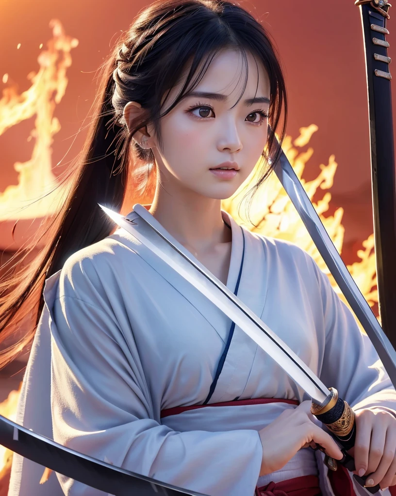 (Highest quality, 32k, High resolution, masterpiece:1.5, ), internal_jet, (Highest quality, 32k, High resolution, masterpiece:1.5, ), marimo_jet, god々A photograph with brilliant dazzling power and the power to exorcise demons.,A female samurai who uses her inner strength in her sword to exorcise darkness., Expressing emotions, Have a rich imagination, Beautiful Japanese Girls, ((Traditional Japanese street burns down:1.2)), An exceptionally beautiful face, Small Face Beauty, ((Bust Shot)), Perfect Human Anatomy, Magical big eyes, Motherhood and generosity, Deep Love, A look of conviction, Shiny black hair, Ponytail swaying in the wind, Asymmetrical bangs, Hair between the eyes, transparent, Soft white skin, Sharp eyebrows, Thin lashes, Natural Makeup, Cheek Highlighter, Detailed lips, ((Swordsman with a Japanese sword:1.4)), ((Red sky and flame background:1.1)), Professional Lighting, Professional Photographer, Professional Model, god秘的