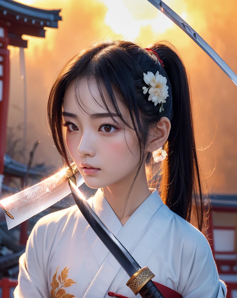 (Highest quality, 32k, High resolution, masterpiece:1.5, ), internal_jet, (Highest quality, 32k, High resolution, masterpiece:1.5, ), marimo_jet, god々A photograph with brilliant dazzling power and the power to exorcise demons.,A female samurai who uses her inner strength in her sword to exorcise darkness., Expressing emotions, Have a rich imagination, Beautiful Japanese Girls, ((Traditional Japanese street burns down:1.2)), An exceptionally beautiful face, Small Face Beauty, ((Bust Shot)), Perfect Human Anatomy, Magical big eyes, Motherhood and generosity, Deep Love, A look of conviction, Shiny black hair, Ponytail swaying in the wind, Asymmetrical bangs, Hair between the eyes, transparent, Soft white skin, Sharp eyebrows, Thin lashes, Natural Makeup, Cheek Highlighter, Detailed lips, ((Swordsman with a Japanese sword:1.4)), ((Red sky and flame background:1.1)), Professional Lighting, Professional Photographer, Professional Model, god秘的