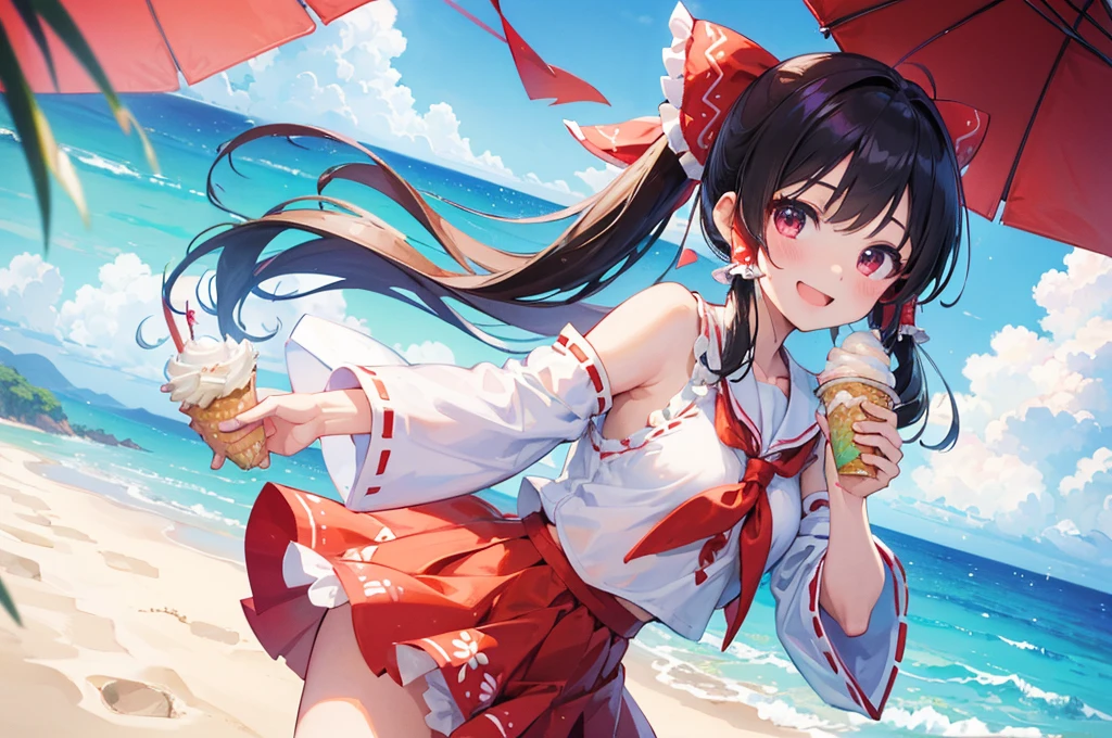 (Highest quality) (4K) (8k) (High resolution) (masterpiece:1.2) (Super detailed) One girl Hakurei Reimu Aloha Shirt Summer clothes cute Ocean Holding soft-serve ice cream in your hand smile