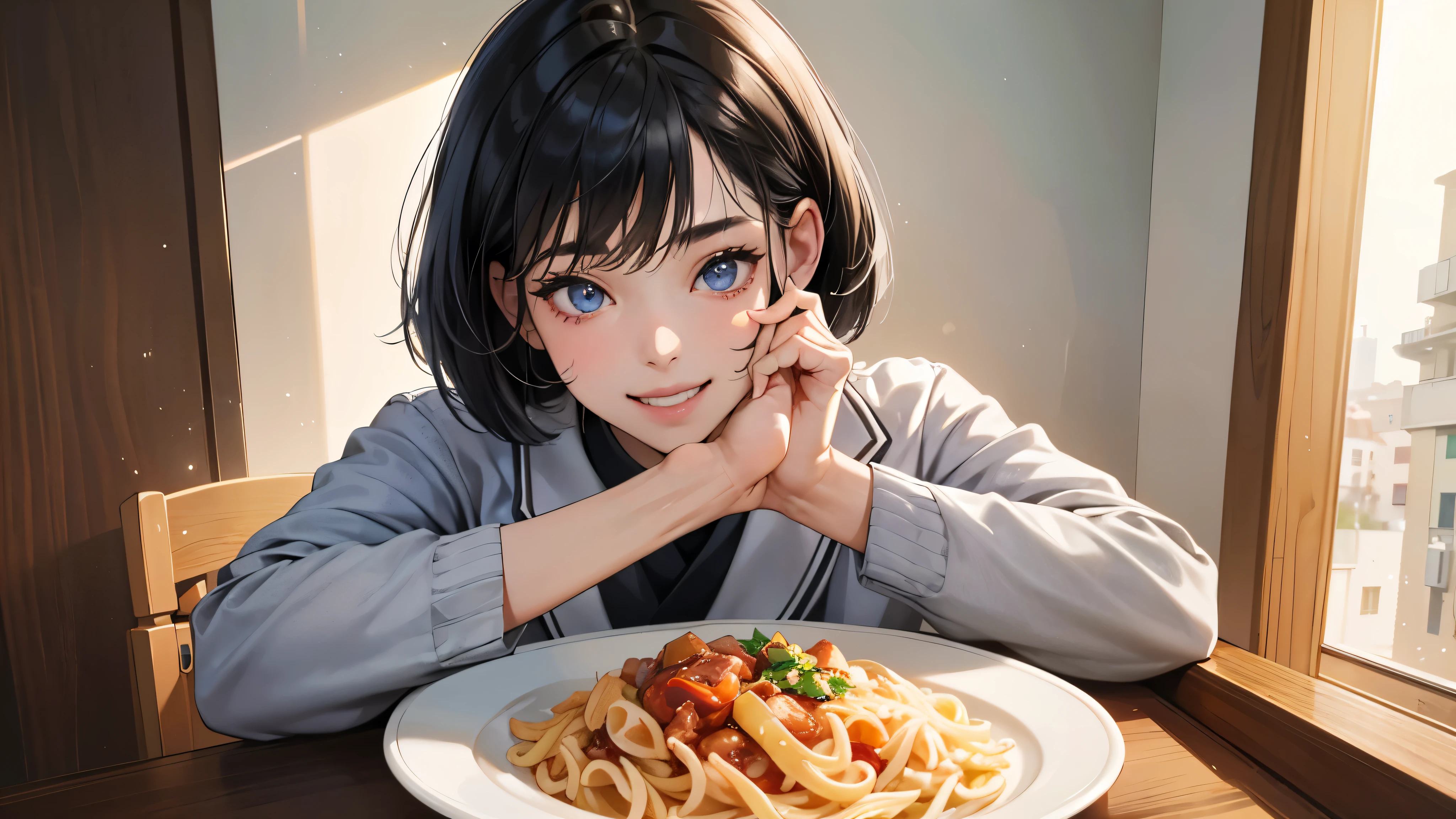 (perfect anatomy:1.2)(absurdres, highres, ultra detailed),masterpiece,best quality,high resolution,8k,Realistic face,Realistic skin texture,magnified textures, stunning clarity,detailed anime girl,(ultra detailed eyes and face),(1 girl:1.2)21years old,she is office worker,lunch time,Italian restaurant in a Japanese district,smile,grin:1.2,black hair, bob cut,natural make,grey jacket and pants,white brouse,light look at winfows,sparkling eyes.small nose,roundface,She looks happy,upper body,Italian restaurant Eating pasta happily