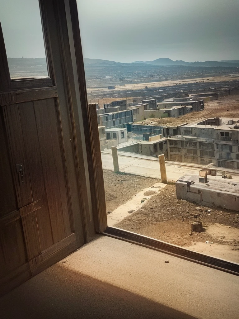 (8k),(masterpiece),Absurd, expensive, Very detailed, (One girl:1.3),, break, Low lighting, Gloomy atmosphere, Dark Shadows, Subtle highlights, Mysterious Aura, break, Panoramic Photos, wide angle perspective, Breathtaking landscapes, Nice views, Huge scene, Visual depth, Breathtaking views, (Post-apocalyptic wasteland), (Red Rock Canyon), View from a wooden hut, ((View from the warehouse window)), In the foreground are ammunition boxes and tank shells.