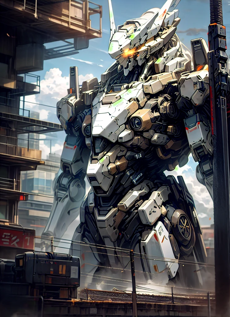 sky, cloud, holding_weapon, no_humans, glowing, , robot, building, glowing_eyes, mecha, science_fiction, city, realistic,mecha