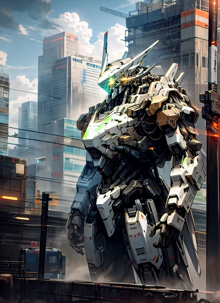 sky, cloud, holding_weapon, no_humans, glowing, , robot, building, glowing_eyes, mecha, science_fiction, city, realistic,mecha