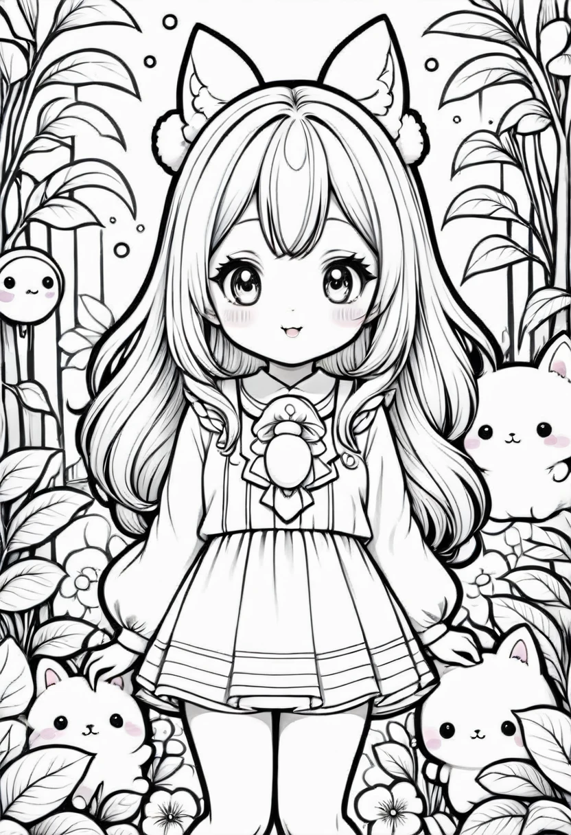 Hand drawn kawaii coloring book illustration