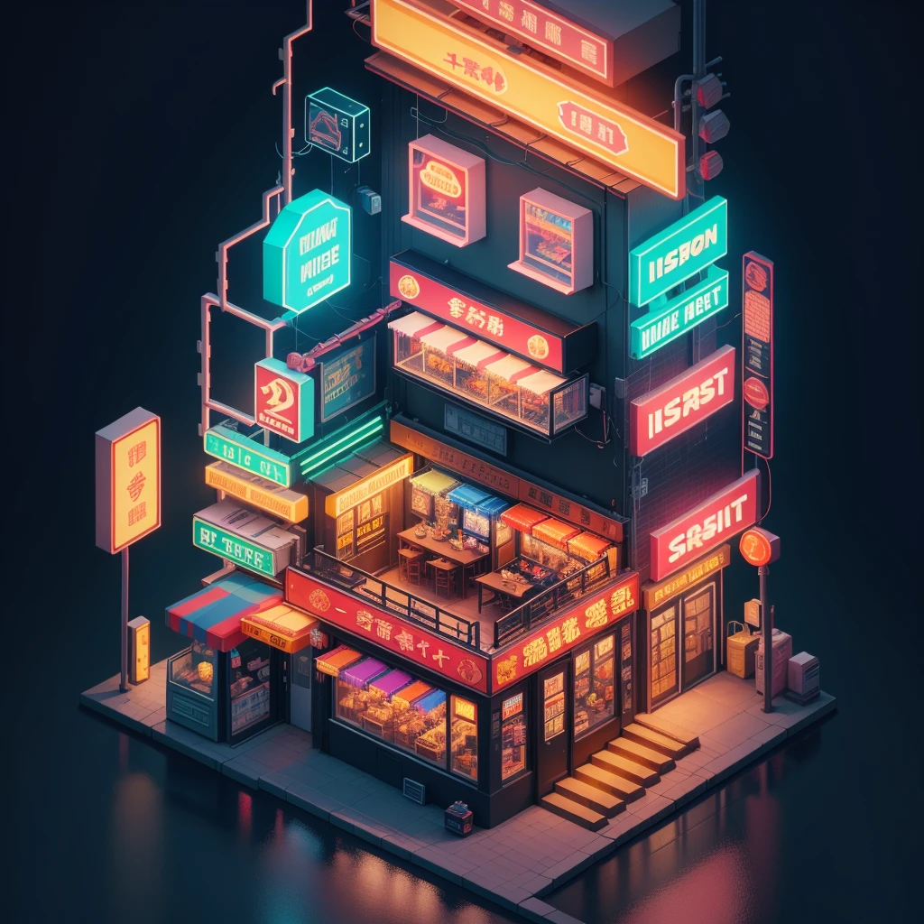 Bustling KTV,Street lights and neon signs, Isometric Art, 3D Isometric, Isometric pixel art,Isometric style