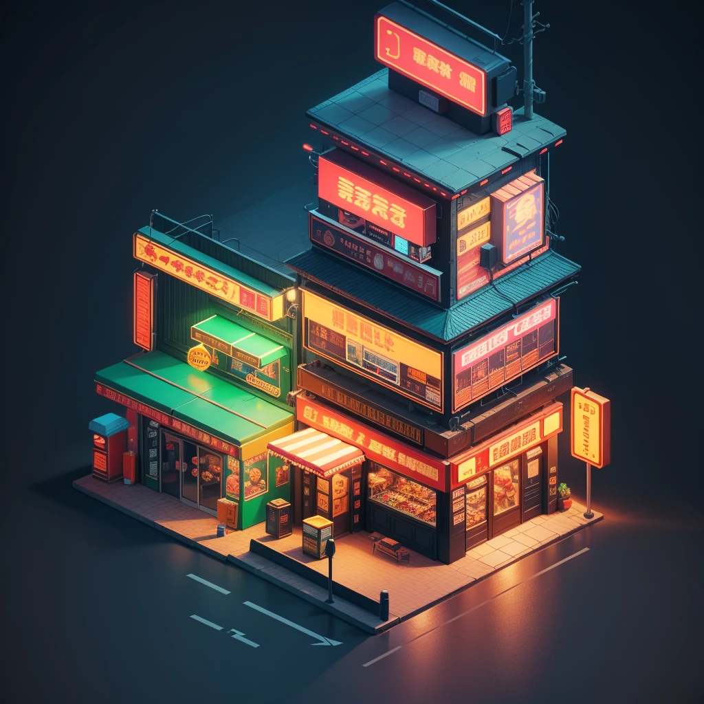 Bustling KTV,Street lights and neon signs, Isometric Art, 3D Isometric, Isometric pixel art,Isometric style