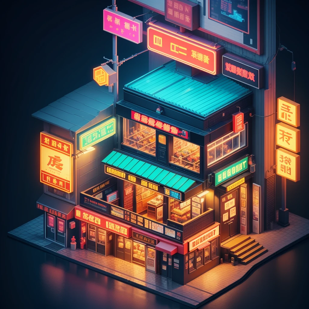 Bustling KTV,Street lights and neon signs, Isometric Art, 3D Isometric, Isometric pixel art,Isometric style