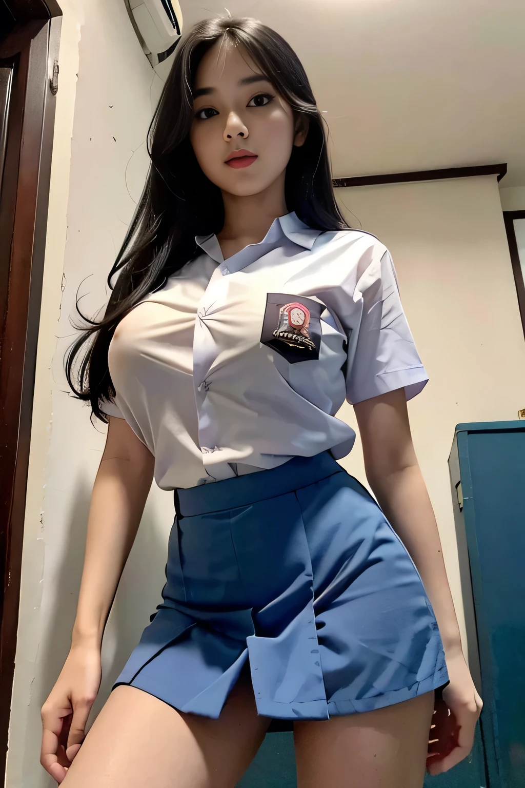 (best quality,4k,highres),ultra-detailed,realistic,cosplay,student uniform, unbutton clothes, unbutton shirt, mini skirt, skirt lift up, open legs,beautiful woman,big breasts, show nipples detailed, dark hairy pussy, pubic hair,vivid colors,portrait,soft lighting