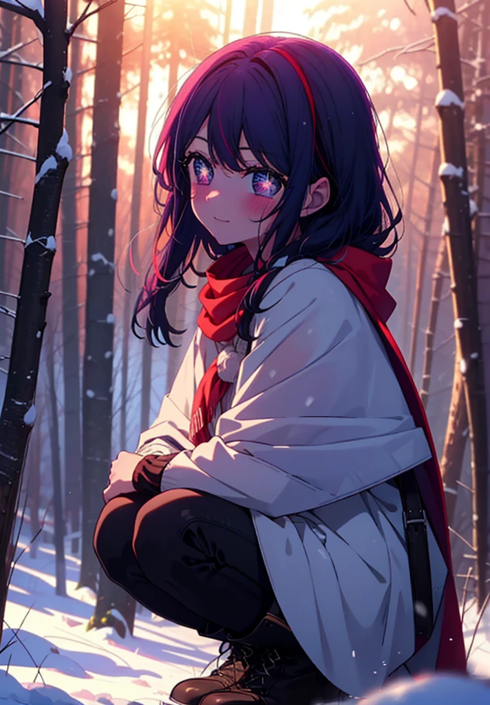 aihoshino, Ai Hoshino, Long Hair, bangs, (Purple eyes:1.1), Purple Hair, (Symbol-shaped pupil:1.5), smile,,smile,blush,white breath,
Open your mouth,snow,Ground bonfire, Outdoor, boots, snowing, From the side, wood, suitcase, Cape, Blurred, , forest, White handbag, nature, Squat, Mouth closed, Cape, winter, Written boundary depth, Black shoes, red Cape break looking at viewer, Upper Body, whole body, break Outdoor, forest, nature, break (masterpiece:1.2), Highest quality, High resolution, unity 8k wallpaper, (shape:0.8), (Beautiful and beautiful eyes:1.6), Highly detailed face, Perfect lighting, Highly detailed CG, (Perfect hands, Perfect Anatomy),