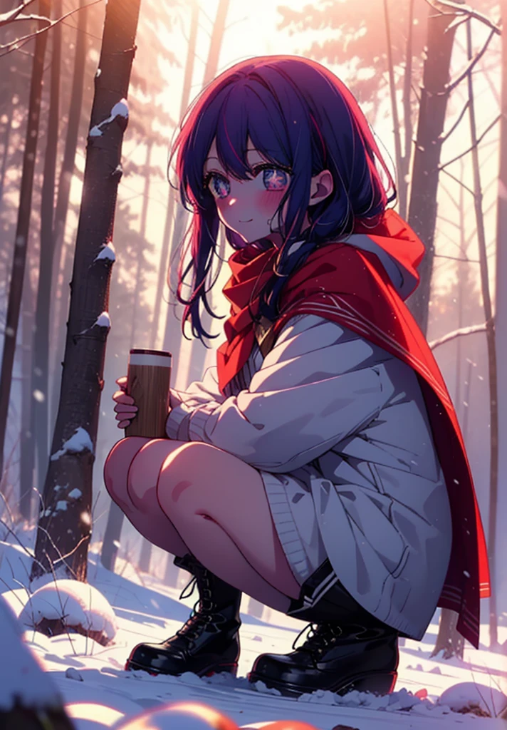 aihoshino, Ai Hoshino, Long Hair, bangs, (Purple eyes:1.1), Purple Hair, (Symbol-shaped pupil:1.5), smile,,smile,blush,white breath,
Open your mouth,snow,Ground bonfire, Outdoor, boots, snowing, From the side, wood, suitcase, Cape, Blurred, , forest, White handbag, nature,  Squat, Mouth closed, Cape, winter, Written boundary depth, Black shoes, red Cape break looking at viewer, Upper Body, whole body, break Outdoor, forest, nature, break (masterpiece:1.2), Highest quality, High resolution, unity 8k wallpaper, (shape:0.8), (Beautiful and beautiful eyes:1.6), Highly detailed face, Perfect lighting, Highly detailed CG, (Perfect hands, Perfect Anatomy),