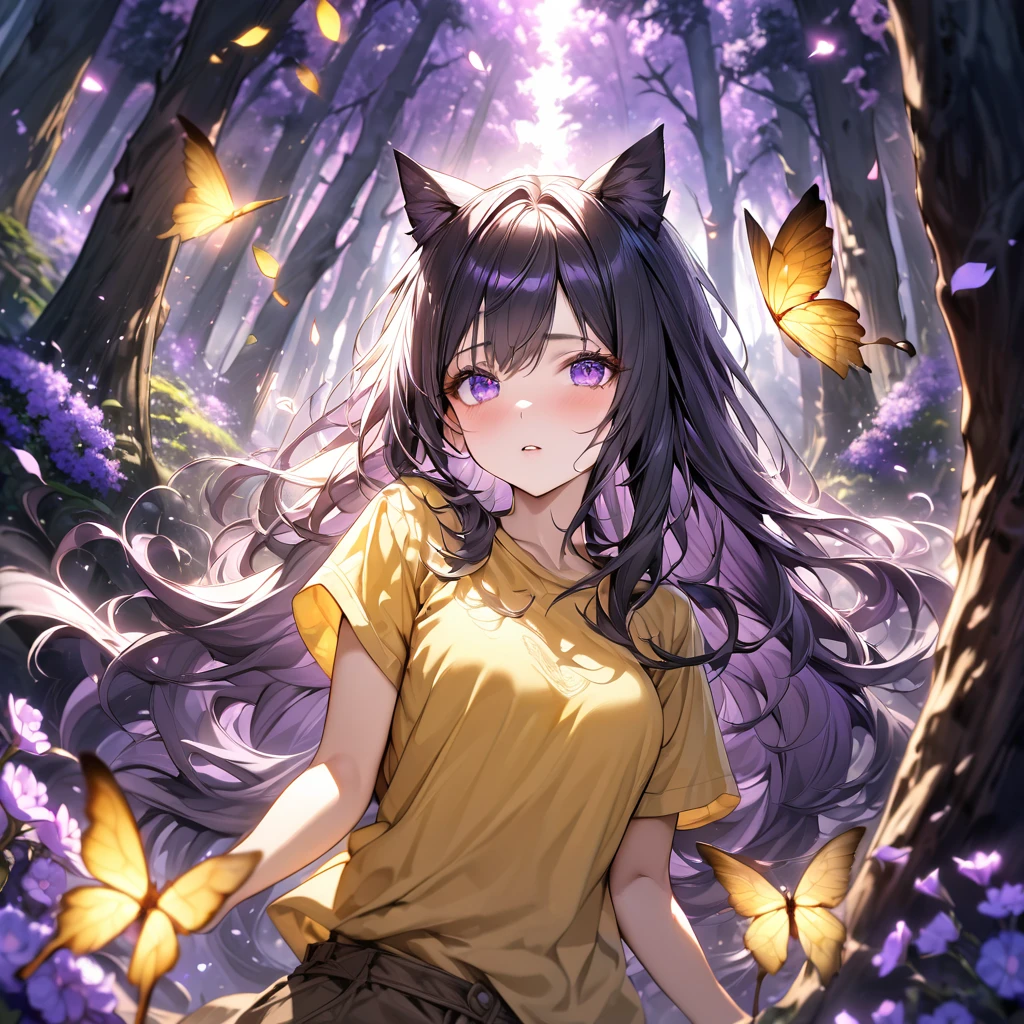 Medium boob, long hair, Girl with yellow tshirt, cat ears, forest,purple dark light, absurdres, highres, ultra detailed, HDR, master piece, best quality, black hair, expressive purple eyes, magical, fantasy, shining, purple flowers, blossoms, yellow butterflies, medium shot, holding a one hand man close up first person view