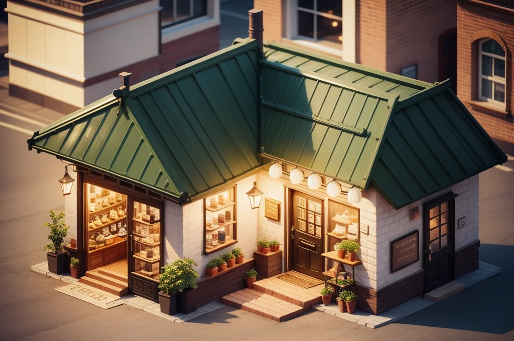 Small building in coffee shop,There are coffee signs and street lights, Isometric Art, 3D Isometric, Isometric pixel art,Isometric style