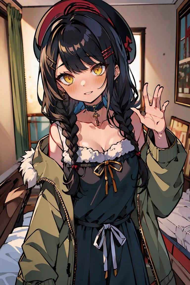 (masterpiece:1.2), (high quality:1.2), hui xiyi, rekkyo sensen, rekkyou sensen, girls with((1girl, solo, black hair, yellow right eyes, silver left eyes, (wavy long hair, right swept bangs, wearing a red millitary beret, braids, hairclips:1.55), blush, breasts, choker, cleavage, coat, cowboy shot, blue lace dress, camisole, ribbon waist belt, collar, collarbone, rosary, rosary choker, cross, fur, fur trim, parka, khaki hoodie, green hoodie, hood down, hooded coat, hooded jacket, hoodie, jacket, large breasts, long sleeves, medium breasts, open clothes, open coat,open hoodie, sleeveless, winter clothes, zipper, cleavage, upper body, hand up, waving, palm)), background with((bedroom, room:2.0))