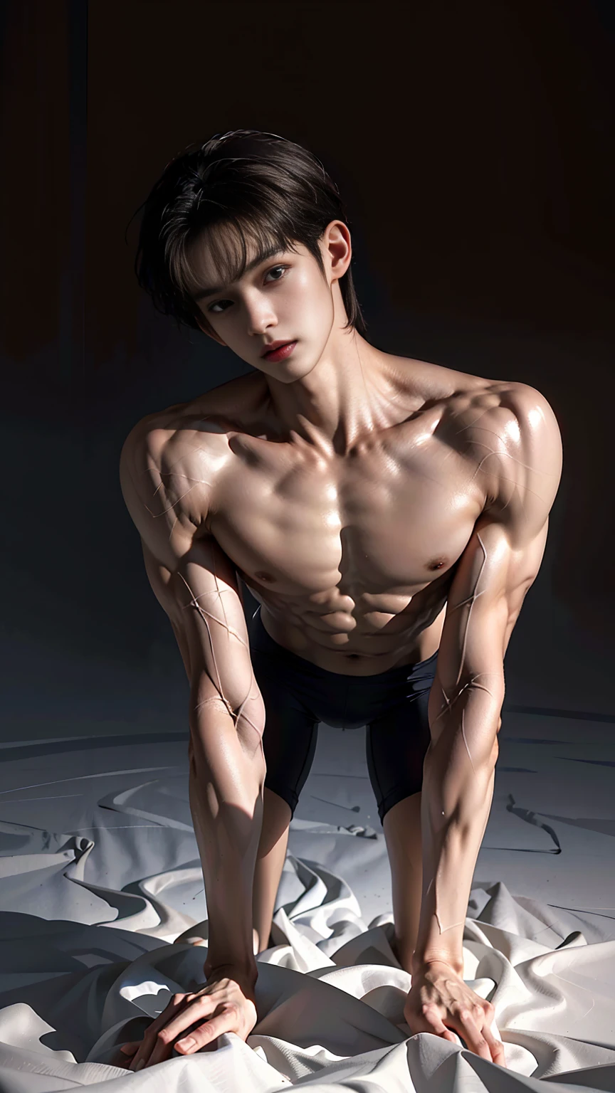masterpiece,best quality,Look up at the characters,Front view,Stay away from the camera, (An 18-year-old boy with extraordinary development:1.2), (Tall and fit body),(Kneeling on the beach),Red and white tight-fitting cycling suit,Broad and straight shoulders,Muscular shoulders,(Extremely strong body),Muscular body,Fitness,Perfect body proportions,Inverted triangle figure,Biceps,Highlight muscle texture, Muscular body,Slender and toned legs,Small head,Handsome and cute face,Perfectly detailed facial features,Looking at the camera,A serious and angry expression,leaning back,head tilt, happy, very short hair, brown hair,(looking at viewer:1.2),full body,Vision