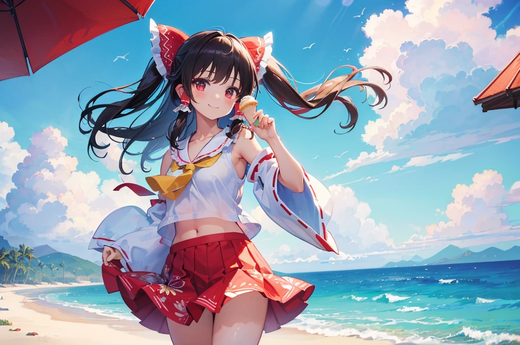 (Highest quality)　(4K)　(8k)　(High resolution)　(masterpiece:1.2)　(Super detailed)　One girl　Hakurei Reimu　Aloha Shirt　Summer clothes　cute　Ocean　Holding soft-serve ice cream in your hand　smile
