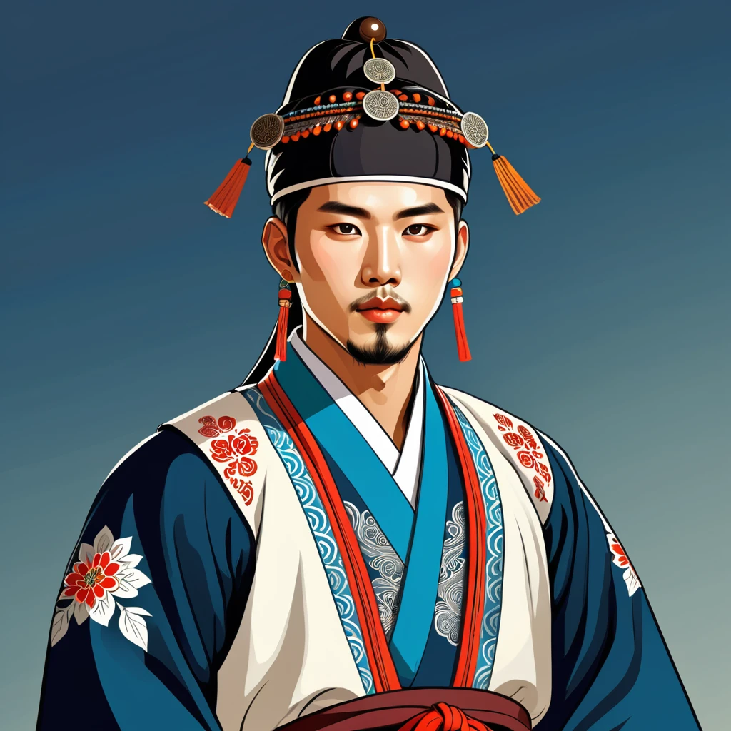 man in korean folk outfit, vector graphics, strong contours
