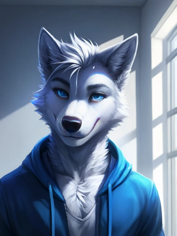 Dark, scary, a white anthropomorphic wolf with white spikey hair and blue eyes, blue hoodie and shorts smiling with a white wall digital art , big chest , day, , sensual, detailed, uploaded to , beautiful and detailed portrait of an anthropomorphic , (((male))) uploaded to , movie lighting, , alone, detailed, 8k res, hires, detailed eyes, good anatomy, good perspective, towards viewer, by hypnos, nice hands, perfect hands, happy, , ray tracing lighting, rtx