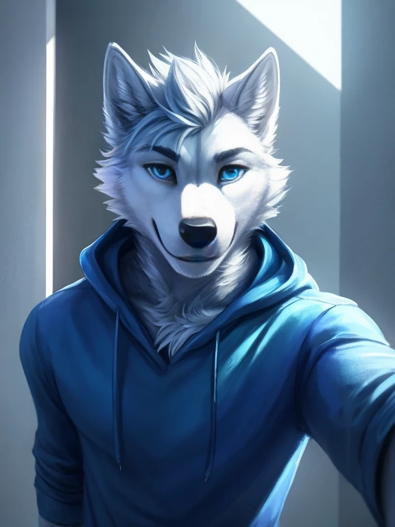 Dark, scary, a white anthropomorphic wolf with white spikey hair and blue eyes, blue hoodie and shorts smiling with a white wall digital art , big  , day, , sensual, detailed, uploaded to , beautiful and detailed portrait of an anthropomorphic , (((male))) uploaded to , movie lighting, , alone, detailed, 8k res, hires, detailed eyes, good , good perspective, towards viewer, by hypnos, nice hands, perfect hands, happy, , ray tracing lighting, rtx 
