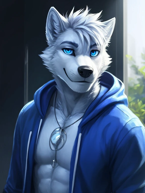 Dark, scary, a white anthropomorphic wolf with white spikey hair and blue eyes, blue hoodie and shorts smiling with a white wall digital art , big chest , day, , sensual, detailed, uploaded to , beautiful and detailed portrait of an anthropomorphic , (((male))) uploaded to , movie lighting, , alone, detailed, 8k res, hires, detailed eyes, good anatomy, good perspective, towards viewer, by hypnos, nice hands, perfect hands, happy, , ray tracing lighting, rtx