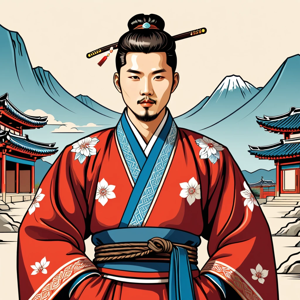 man in korean folk outfit, vector graphics, strong contours
