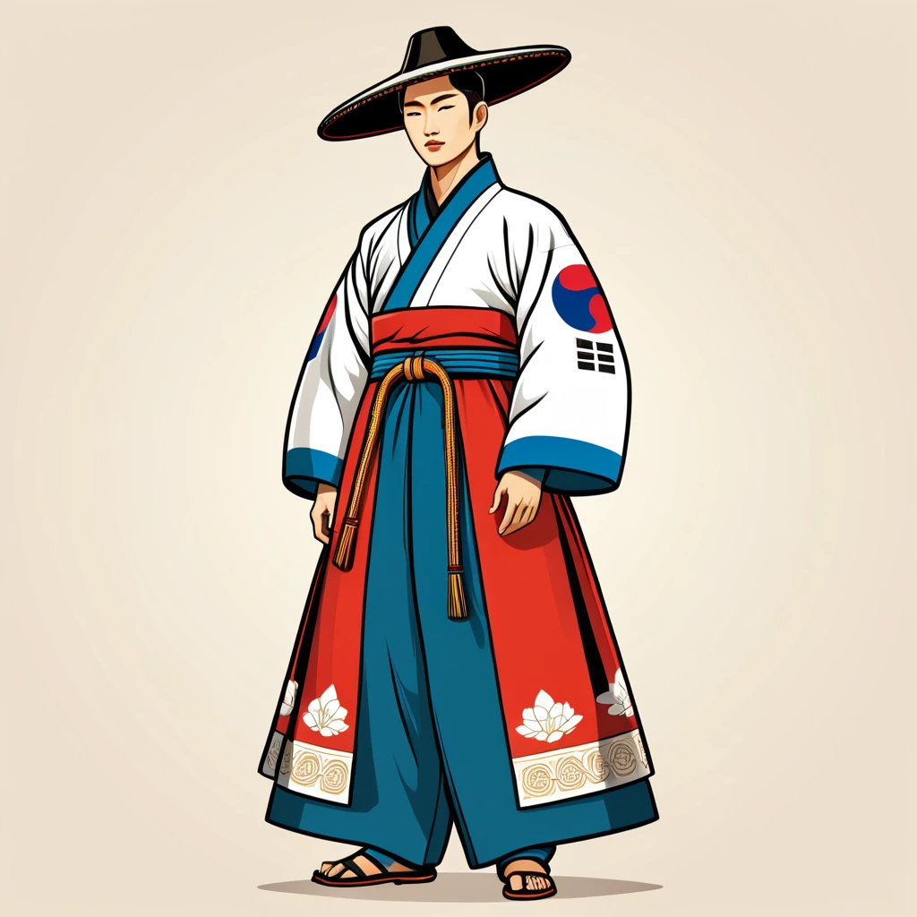 man in korean folk outfit, vector graphics, strong contours
