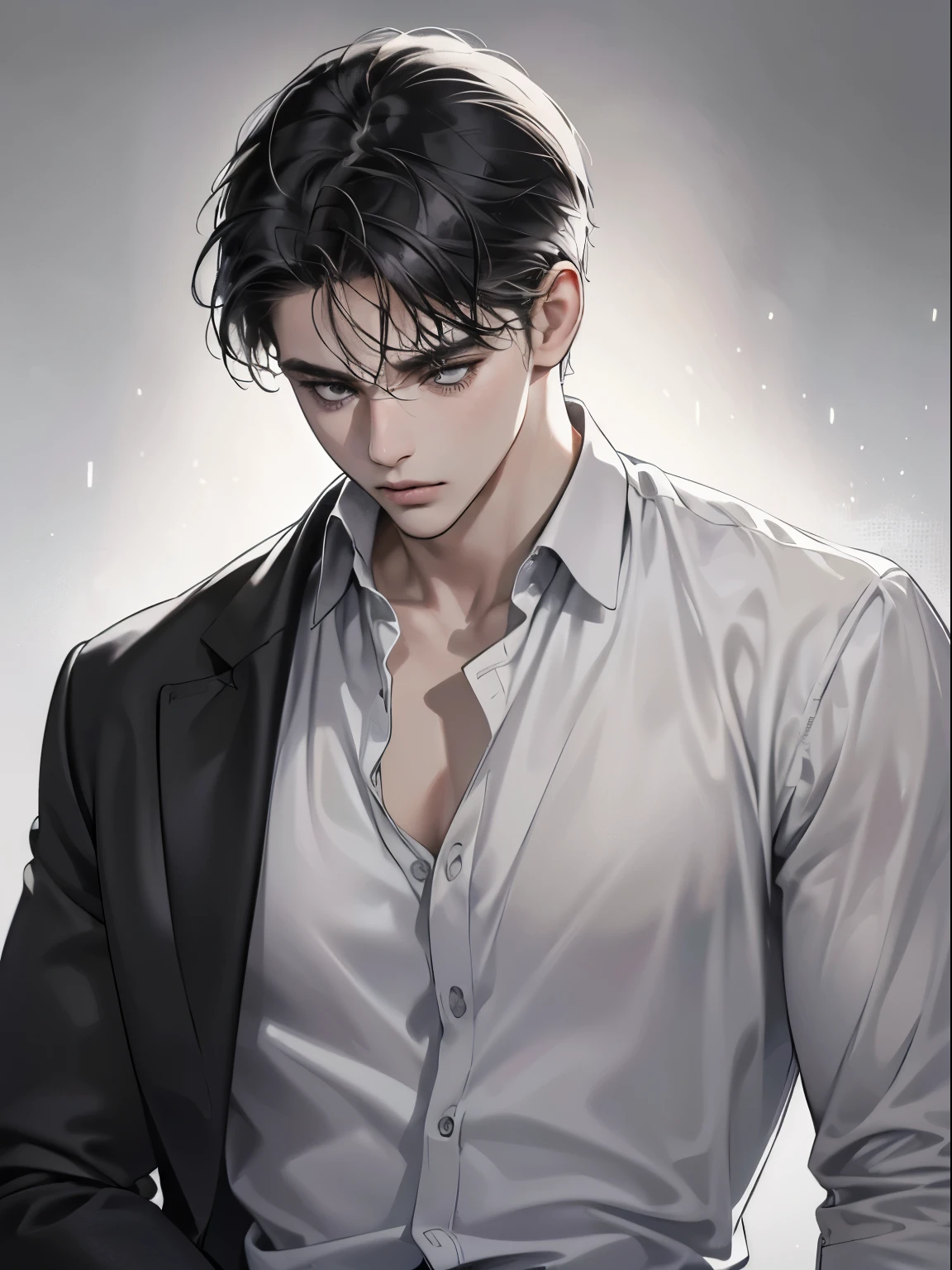 (best quality digital art digital illustration 4k high resolution beautiful image hyper-detailed image perfect lines soft lighting night environment focus face soft zoom) (1:1 photorealistic) (neutral colors hdr 1.4) a young adult man (thoughtful expression) black and white modern clothes black eyes medium black hair