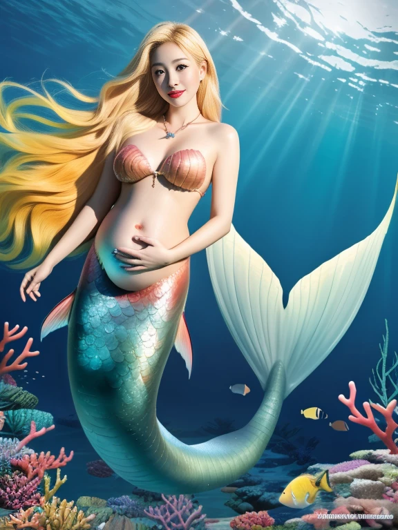 dynamic pose, cinematic angle, Underwater very deep sea, blue sea, a portrait photograph of a beautiful ((30 year old)) korean woman, pregnant, blonde hair, red blush, red lips, mermaid, rainbow mermaid tail below waistline, necklace on mermaid tail, coral, stafish, fish, upper body,