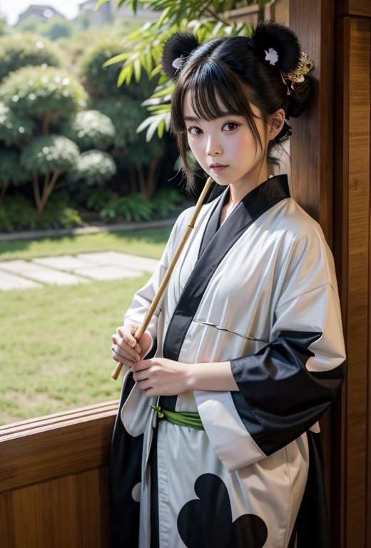 kimono panda, holding bamboo stick