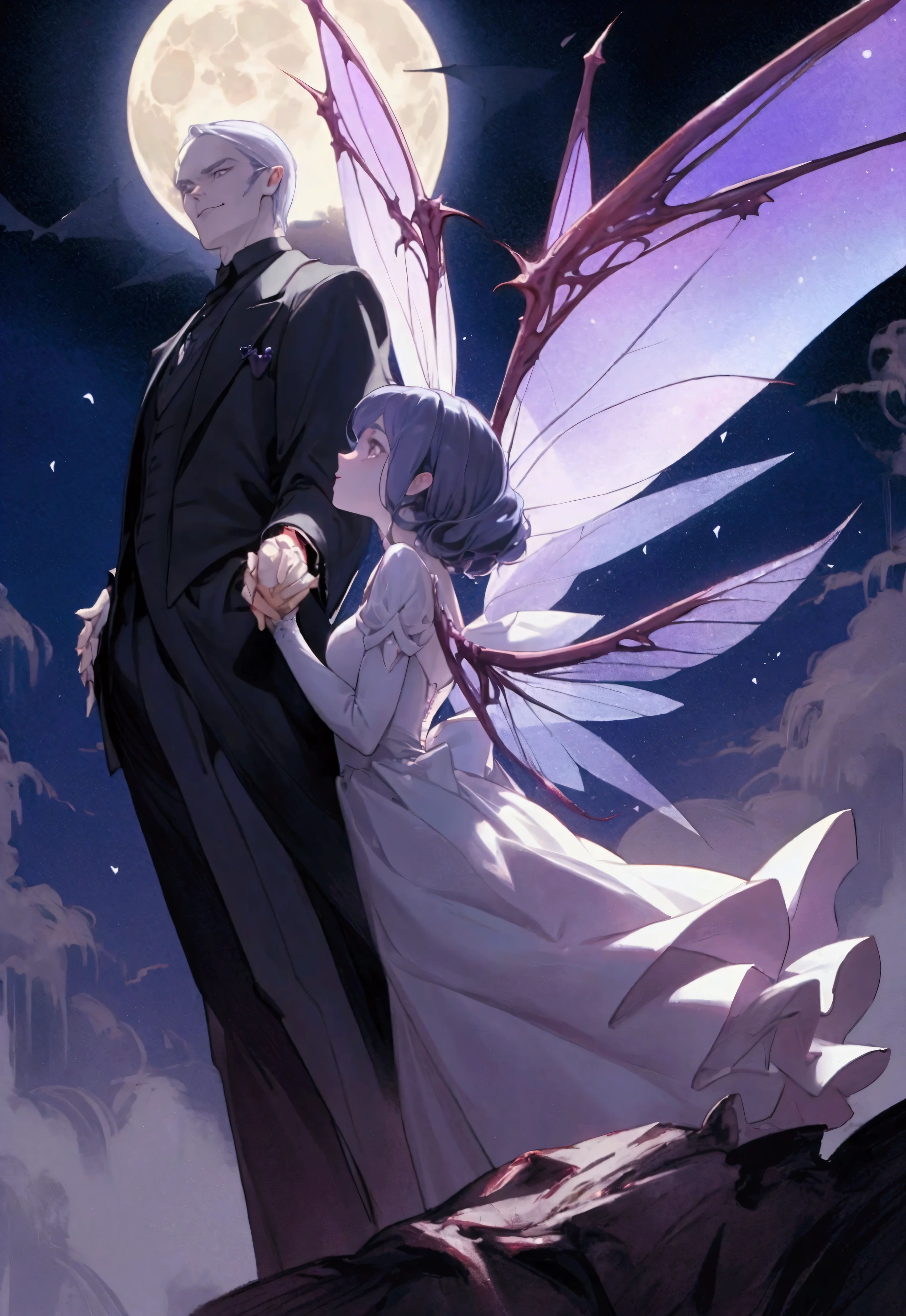 man vampire and woman fairy with fairy wings holding hands, moon in backround
