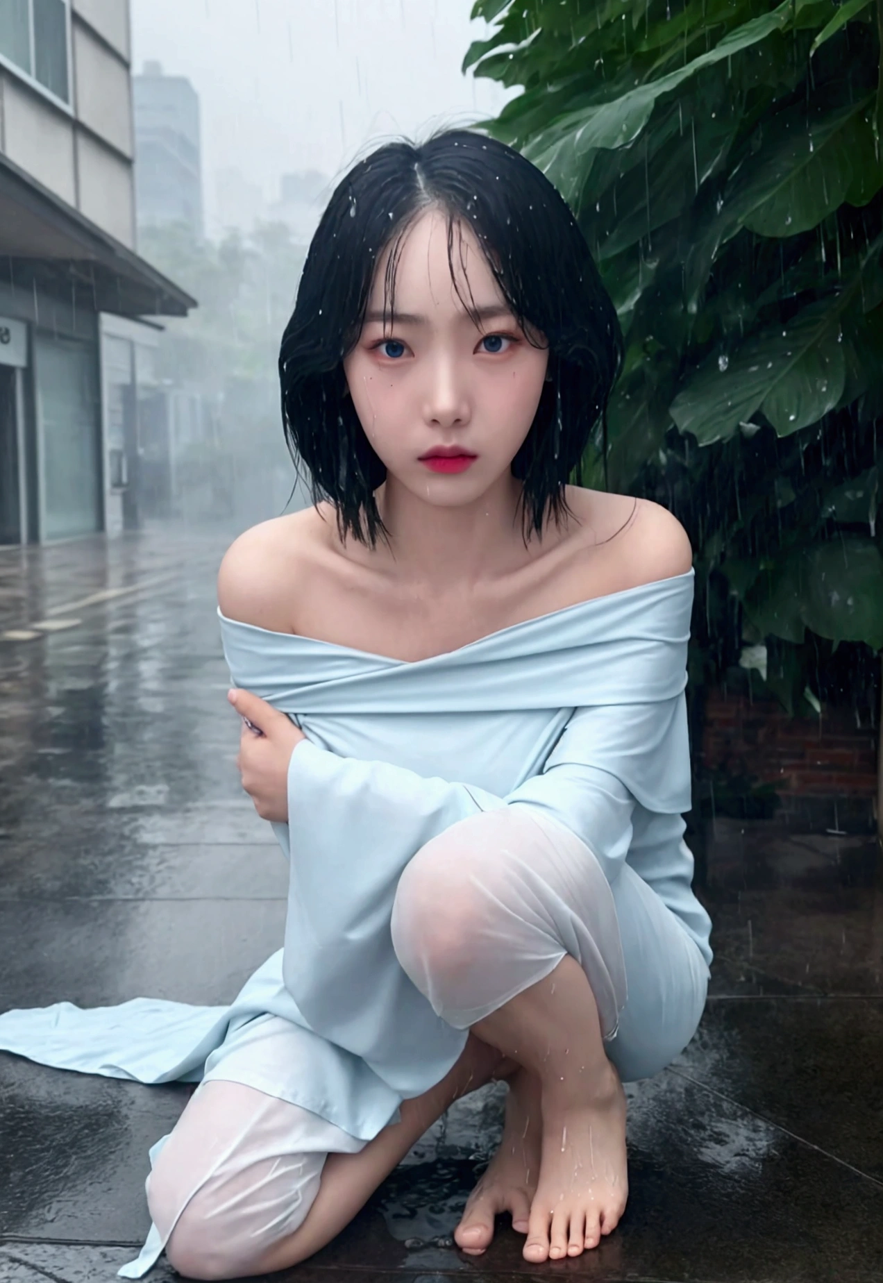 Young Japanese woman standing, ((On City Street)), ((Fully clothed)), ((Off-the-shoulder T-shirt dress)),((Barefoot)), blond with short hair, slim build, two tone color hair, mid afternoon, Gray light, Overcast, Detailed background, Dark, busy street, crowding street, Cinematic, pessimistic, Masterpiece, Best quality, RAW photo, up-close, zoomed, Photorealistic, ((view the viewer)), Hold yourself, Translucent, dripping wet, beautiful realistic photo, Surreal fantasy photos, Close up, Tight Frame, 8K, Ultra detailed, Detailed skin, Blue eyes, Dark skin, ((Drenched)), ((Soaked)), (Dripping water), Saggy clothes, wet street, Wet all over, wet dripping hair, angle of view, (posed for photo) Portrait, Close-up, bottom angles, Mist, ((heavy rain)), ((Hazy rain)), Rain on the face, wet face, Shallow depth of field
