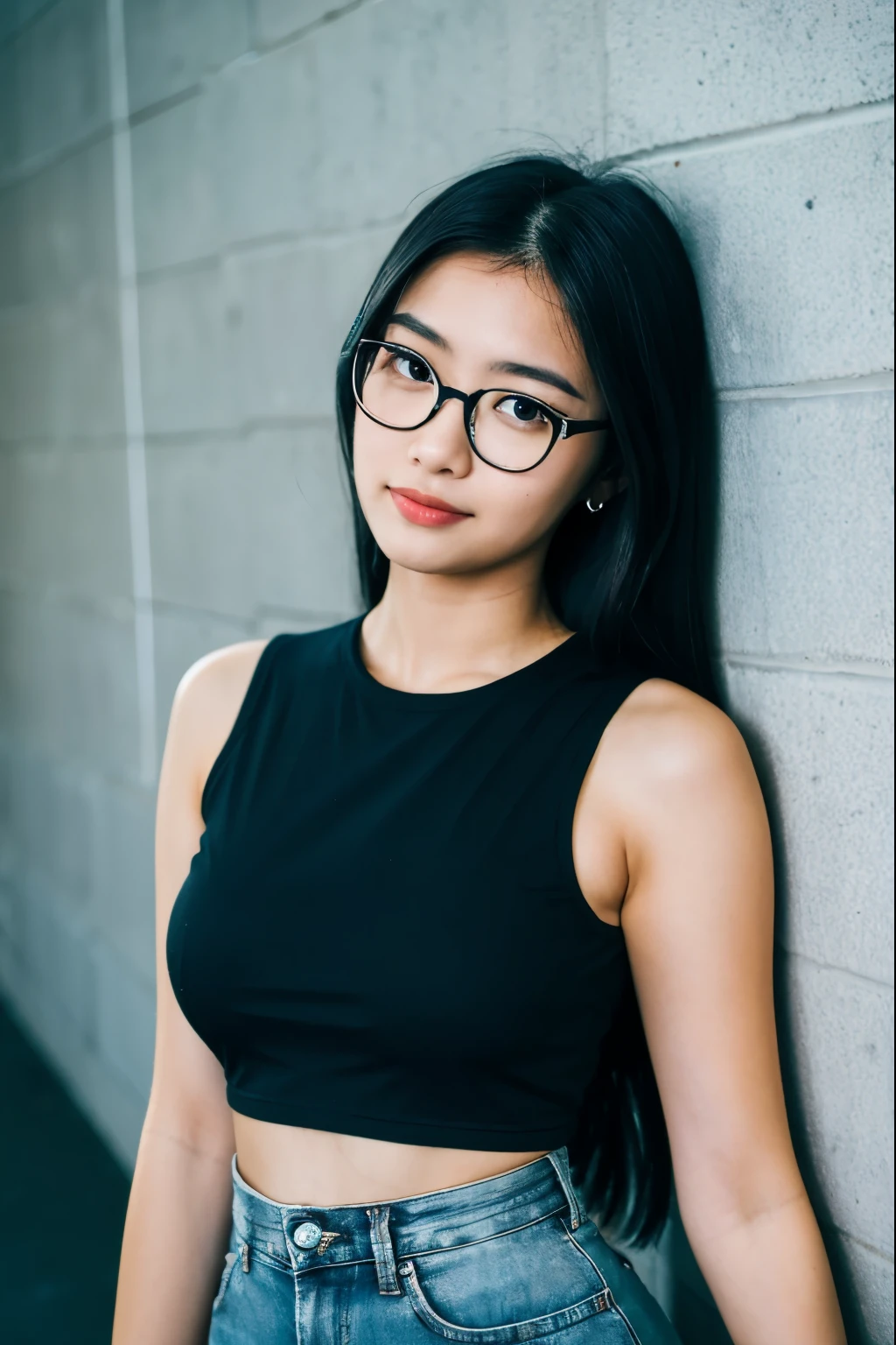 there is a woman with glasses standing against a wall, with glasses, 18 years old, she is wearing a black tank top, asian girl, 2 2 years old, young and cute girl, beautiful asian girl, 21 years old, 1 8 yo, with glasses on, sie boob, 2 7 years old, 2 3 years old, thick glasses