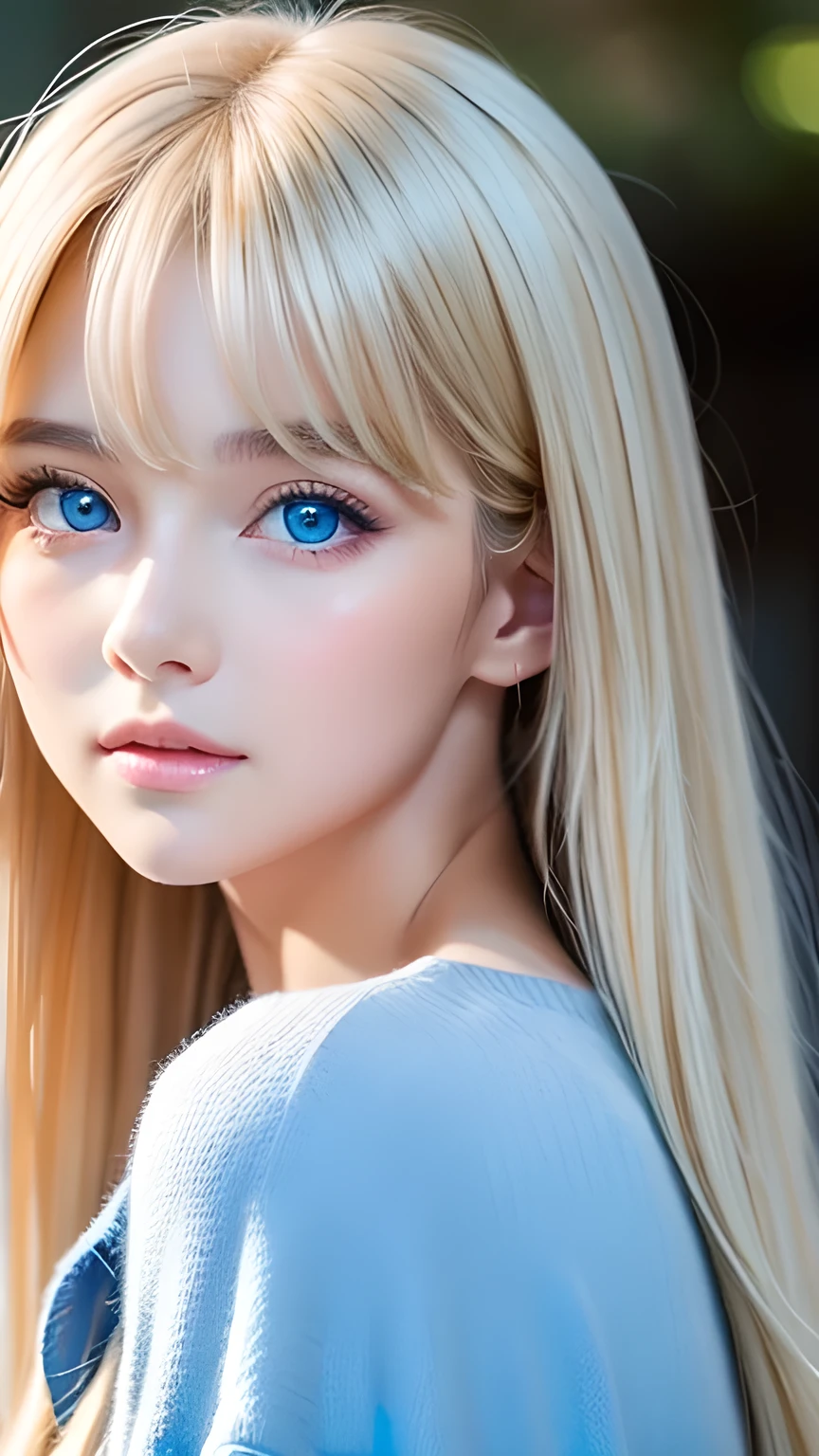 Very beautiful face、A beautiful blonde girl with a stunning beauty、Super Long Hair、windy silky blonde super long hair、Swinging bangs that block the view、Cute sexy 16 year old blonde girl with light blue eyes、Hair above the eyes、片Hair above the eyes、Hair between the eyes、Big bright light blue eyes that shine so beautifully、eyeliner、Bright expression、Cheek gloss highlighter、Round face