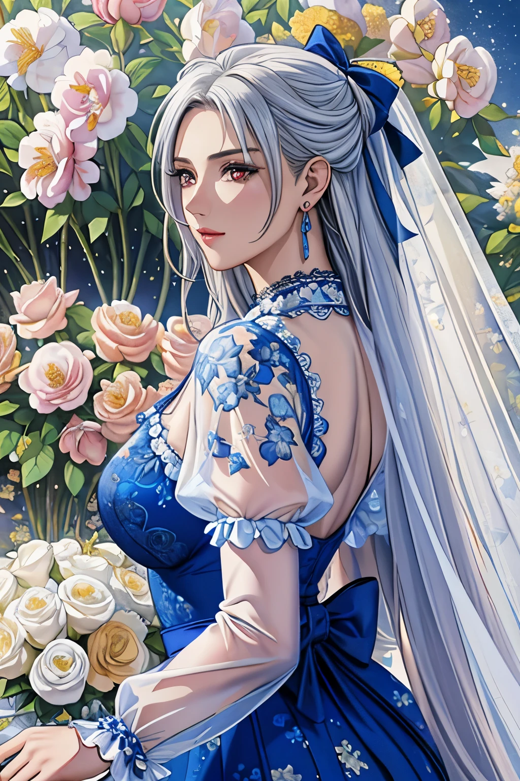 (masterpiece, top-quality, top-quality, Official art, Beautifully Aesthetic:1.2), red eyes, (highest quality, masterpiece painting:1.3), immature woman, 16 years old, (half body shot), masterpiece, ultra high resolution, (((bridal veil, lace-trimmed blue dress, see-through, blue wedding dress, outdoors, white roses, (long sleeves:1.2), pink bow,))), Decorative panel, abstract art, (shot from a side angle), (Photoreal:1.0), ((light silver hair)),straight hair, beautiful shining hair, white and shining skin, Painterly, sketch, Texture, 超A high resolution, solo, Beautuful Women, A highly detailed, (Fractal Art:1.1), (colourfull:1.1), (florals:1.6), The most detailed, (Zentangle:1.2), (Dynamic Poses), (Abstract background:1.3), (shinny skin), (Many colors:0.8), (earrings:1.4), (pluma:0.9), Taisho romance,