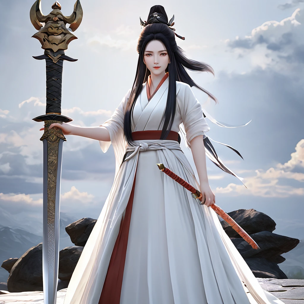3D heavy realistic 8k A man in a long white dress,Hold a large one in the left hand, Heavy shields,Hold the sword freely in your right hand,Long black and white hair with a smile,This face turned out to be a bit like a skewer,But the same smile,Kushina was very lovely and intimate,The giant goddess smiled,There is a feeling of rejection, Law is heaven and earth full body angle