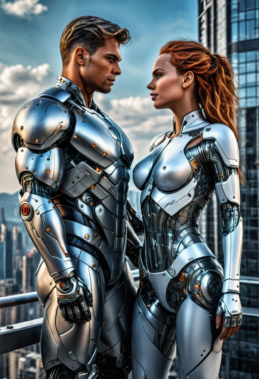 Sexual relationship between a male cyborg and a female cyborg on the roof of a skyscraper, high quality, best quality, absurdres, masterpiece, beautiful, intricate details, 1/2 body crop, slim body, beautiful figure, magnificent anatomy, (intricate details:1.12), HDR, (intricate details, hyper-detailing:1.15), (natural skin textures, hyper realisitc, soft light, Sharp:1.2)