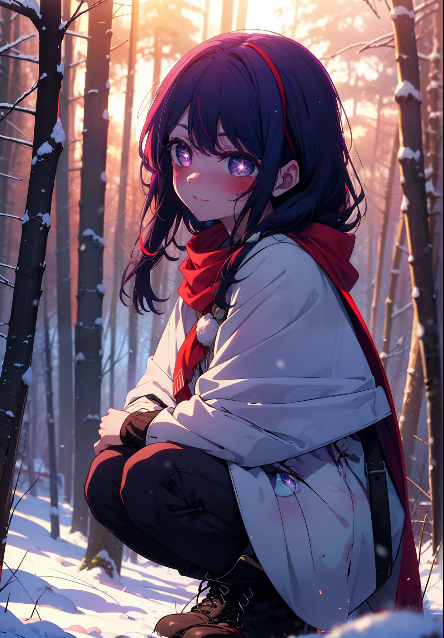 aihoshino, Ai Hoshino, Long Hair, bangs, (Purple eyes:1.1), Purple Hair, (Symbol-shaped pupil:1.5), smile,,smile,blush,white breath,
Open your mouth,snow,Ground bonfire, Outdoor, boots, snowing, From the side, wood, suitcase, Cape, Blurred, , forest, White handbag, nature, Squat, Mouth closed, Cape, winter, Written boundary depth, Black shoes, red Cape break looking at viewer, Upper Body, whole body, break Outdoor, forest, nature, break (masterpiece:1.2), Highest quality, High resolution, unity 8k wallpaper, (shape:0.8), (Beautiful and beautiful eyes:1.6), Highly detailed face, Perfect lighting, Highly detailed CG, (Perfect hands, Perfect Anatomy),