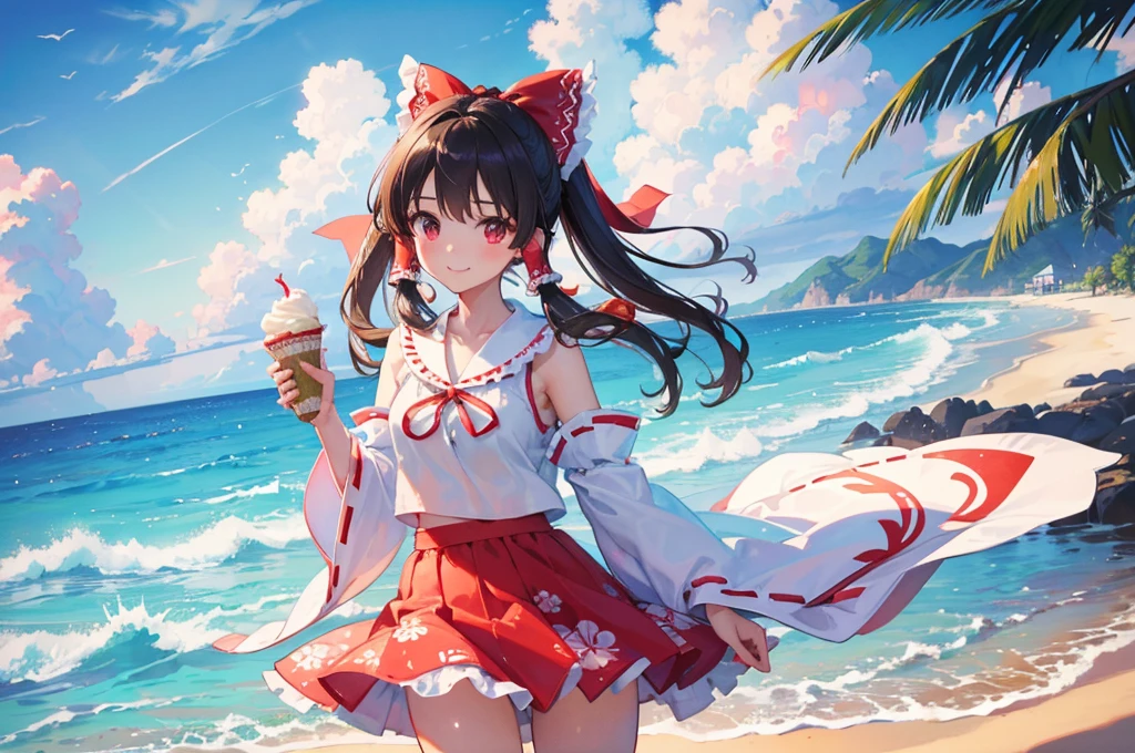 (Highest quality)　(4K)　(8k)　(High resolution)　(masterpiece:1.2)　(Super detailed)　One girl　Hakurei Reimu　Aloha Shirt　Summer clothes　cute　Ocean　Holding soft-serve ice cream in your hand　smile