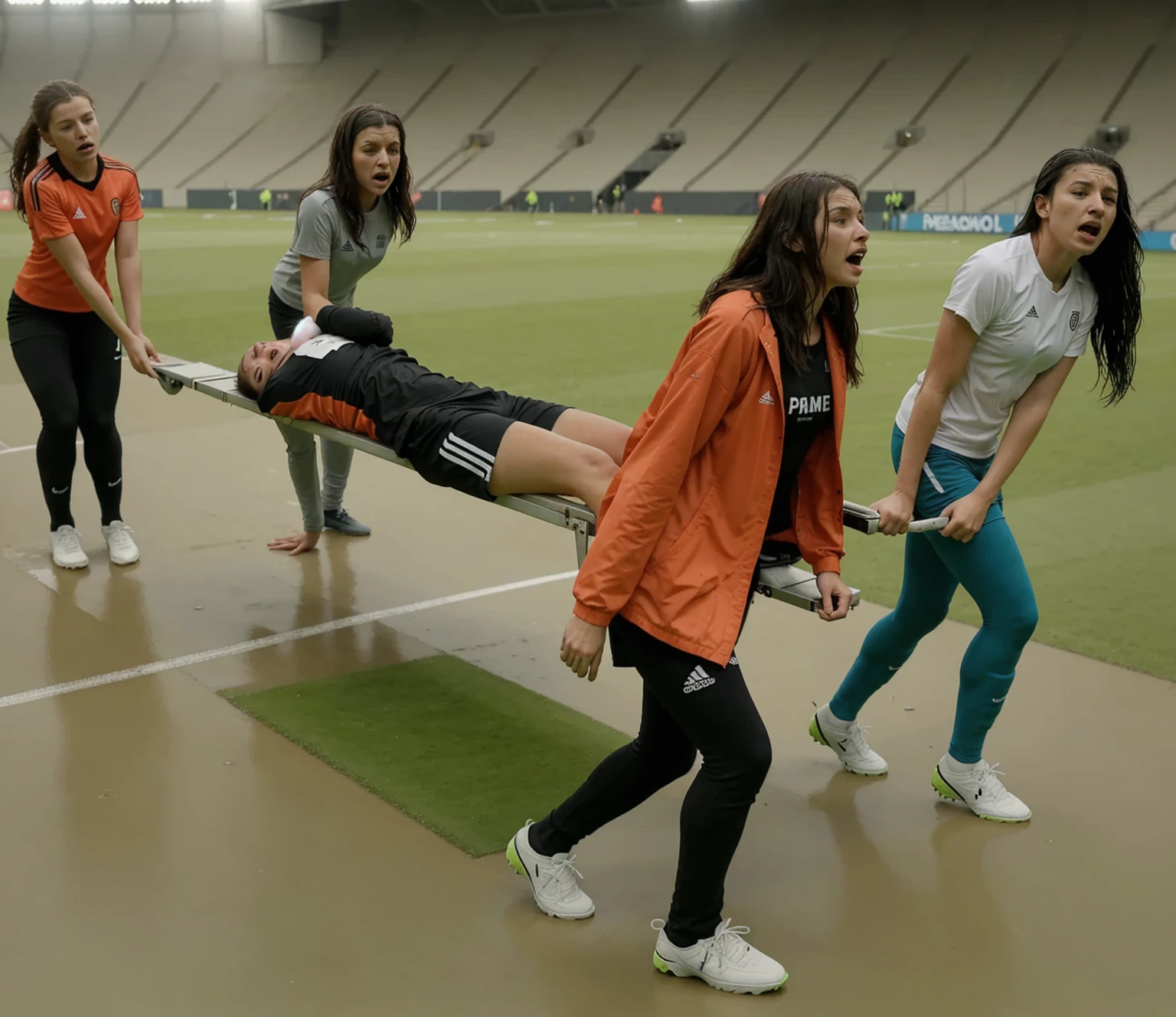 a soccer scene in a sports stadium, cool and wet weather conditions, humide ground, rainy sky, injury scene in a sports stadium, stretcher carry, there are four female medics carrying a stretcher, there are four female medics in very shiny coats who are carrying a stretcher in a sports stadium, there is a wounded male soccer player in a matte short cotton sports outfit lying on the stretcher, an injured male soccer player in matte cotton sportswear is lying in pain on a stretcher, a soccer player in matte cotton sports clothes is rearing up in intense pain while lying on a stretcher, dramatic scene, theatralic posing scene, dramatic pity scene, injury soccer, first aid, help, pity, there are four female medics in wetlook high-shine coats who are looking very sad and very terrified and very shocked, the injured soccer player is screaming out in pain while he is carried from the pitch on a stretcher