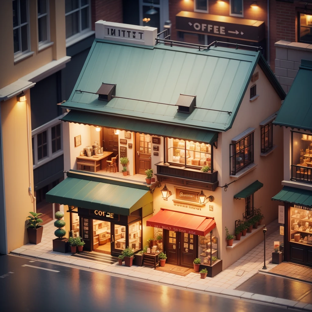 Small building in coffee shop,There are coffee signs and street lights, Isometric Art, 3D Isometric, Isometric pixel art,Isometric style
