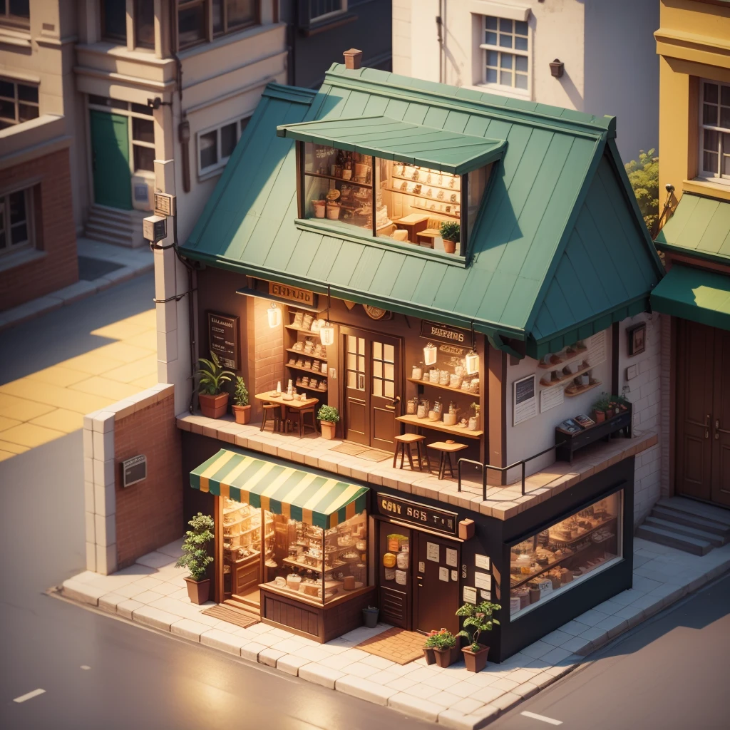 Small building in coffee shop，There are coffee signs and street lights, Isometric Art, 3D Isometric, Isometric pixel art，Isometric style
