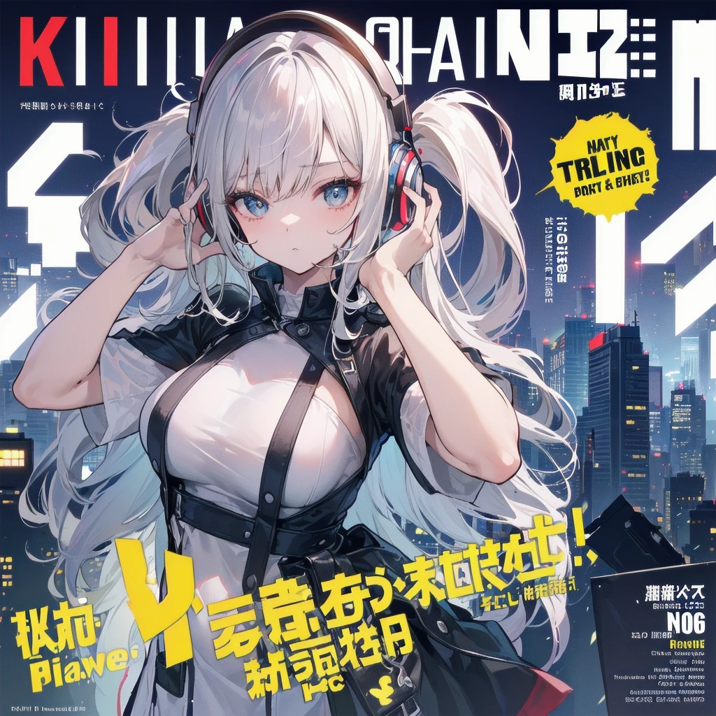 ((((dramatic))), (((Grainy))), (((intense))) film poster featuring a young platinum white hair woman as the central character. She stands have confidencely in the center of the poster, wearing a stylish and edgy Harajuku-inspired hip hop Costume, with a determined Performance on her face. The background is aesthetic atmospheric dark and Grainy, With danger and tension. The article is bold and to attract attention, with a Catchy tagline that adds to the overall feeling of drama and excitement. The color palette is mainly dark with splashes of Vibrant neon colors, giving the poster a dynamic and visually impressive appearance,tachi-e
(magazine:1.3), (cover-style:1.3), fashionable, woman, Vibrant, Costume, Sexy seductive poses, front, colorful, dynamic, background, element, have confidence, Performance, Holding, statement, accessories, Majestic, Coiled, The surrounding area, touch, scene, article, cover, bold, to attract attention, title, stylish, font, Catchy, Heading, big, impressive, Modern, trend, concentrated, fashion,1 Girl, night, , Urban Crossroads、Girl wearing headphones, late night , Listening to music alone, City Pop, high quality, 綺麗なnight景、Lo-Fi, Chill, late night,Urban hustle and bustle、 crowd, ,nightの街中 futuristic night,