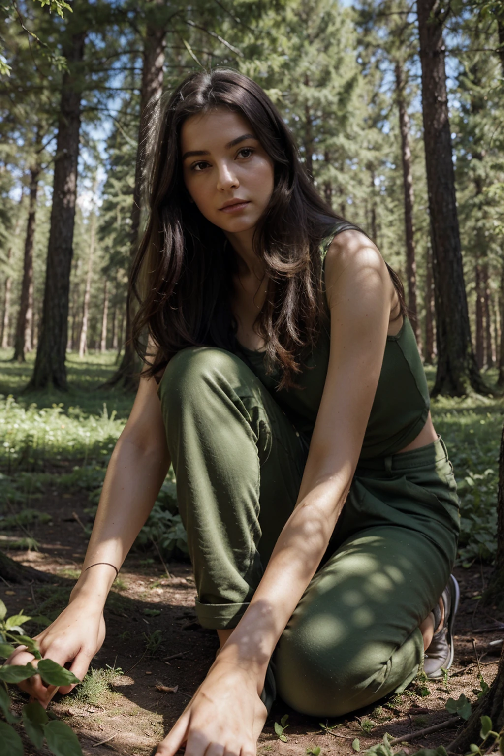 the forest, beautiful figure, dug up, pants, sitting on flowers, 1 girl, Italian, innocent, realistic, 20 years, Darling, dark hair, masterpiece, top quality, super detail, detailed light, detailed shadows, RAW, walk, the forest, Coniferous trees, full height



