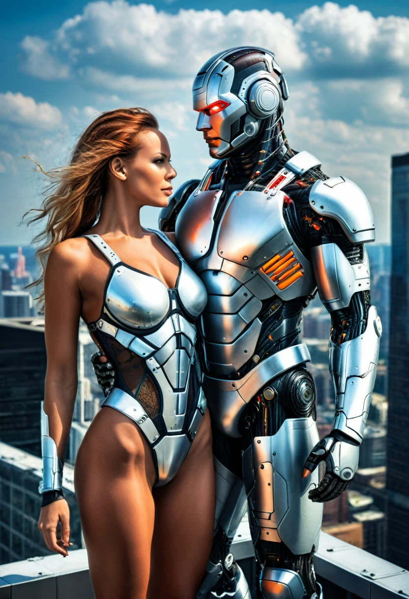 Sexual relationship between a male cyborg and a female cyborg on the roof of a skyscraper, high quality, best quality, absurdres, masterpiece, beautiful, intricate details, 1/2 body crop, slim body, beautiful figure, magnificent anatomy, (intricate details:1.12), HDR, (intricate details, hyper-detailing:1.15), (natural skin textures, hyper realisitc, soft light, Sharp:1.2)