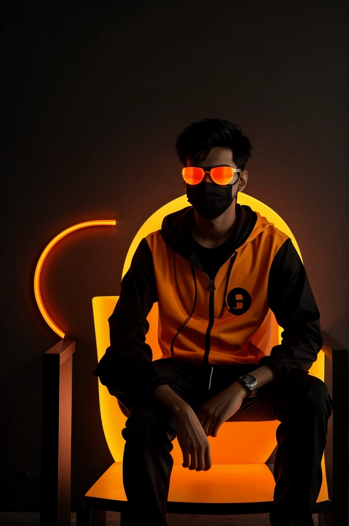 5TH PROMPT :- Create a striking anime-style artwork featuring a 25-year-old boy sitting in a bright orange and black chair, in front of a dark gray and black wall. The boy is holding a 3D orange and black lit-up ‘RAJAN’ name sign in his hand, and is dressed in orange and black clothing, complete with sunglasses and a face mask. A loyal dog sits beside him, also illuminated in orange and black lighting, creating a futuristic and edgy atmosphere.”