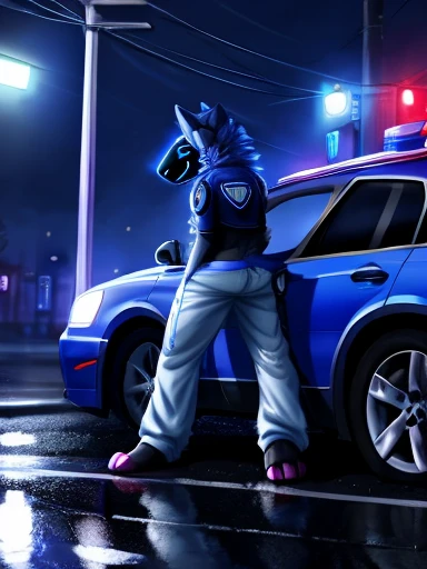 1person, light blue fur protogen furry character wolf , sitting on the road, leaning on the car, solo, full body, long legs, night,horrors, (nSFW), nsfw version, sitting on wet asphalt,(white big sweatpants), leaning on a white police car, the side of the machine, heavy rain, puddles,reflection of flashing lights, reflections,The cover of the weeken,night